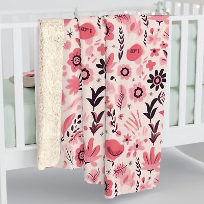 Nordic Pink Floral Pattern, Cozy Sherpa Fleece Blanket, Couch Throw Blanket-image