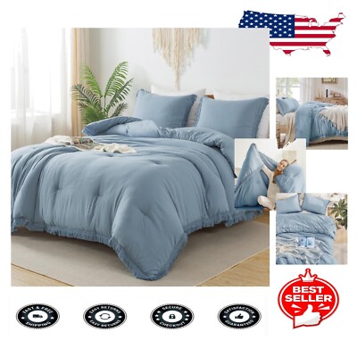 Fluffy Grayish Blue Comforter Set with Tassels - 3 Pieces for Elegant Bedrooms-image