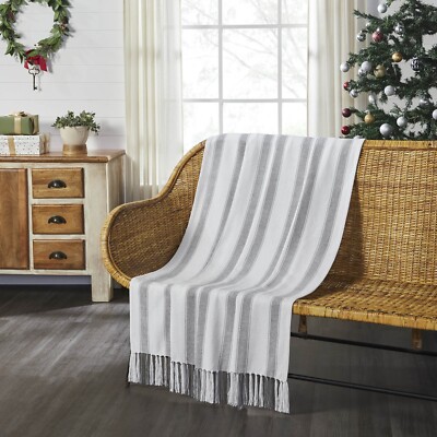 Grace Grain Sack Stripe Woven Throw 50x60 Cotton Blend VHC Brands Grey Creme-image