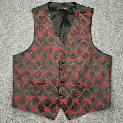 Vintage Bill Blass Vest Mens Large Black Button Christmas Bells Bows Made in USA-image