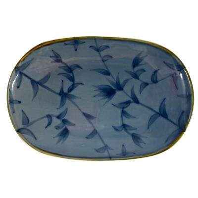 Pier 1 Imports Oval Platter Dish Slate Periwinkle Blue Floral Bamboo Design-image