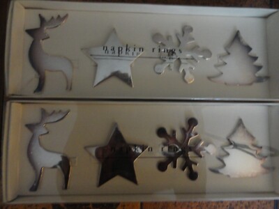Pier 1 Imports - 8 Silver Plated Christmas Napkin Rings - 2 Sets of 4 in Boxes-image