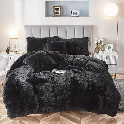 MODERN CHIC COZY ULTRA SOFT PLUSH LUXURY SHAGGY FLUFFY BLACK FUR COMFORTER SET-image