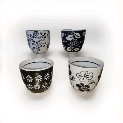 4 Vtg Pier One Sake Cups Teacups Black White Design Pier 1 Floral Replacement-image