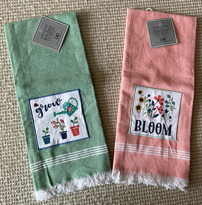 DII Spring Fringed Kitchen Dish Towel Set 2 Green Peach BLOOM & Green GROW-image