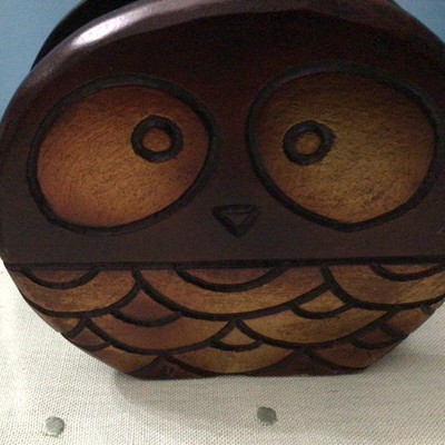 Pier One Owl Napkin Holder Carved Wood Kitschy Boho Design, 2012-image