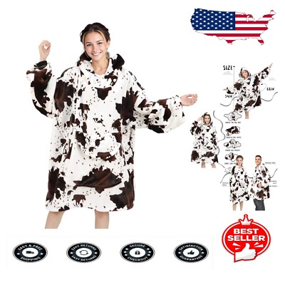 Oversized Cow Print Wearable Blanket Hoodie - Cozy Flannel Fleece for Adults-image