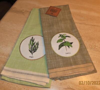 DII set 2 kitchen towels; basil, sage; cotton NWT; 18x28 white. green tones, tan-image