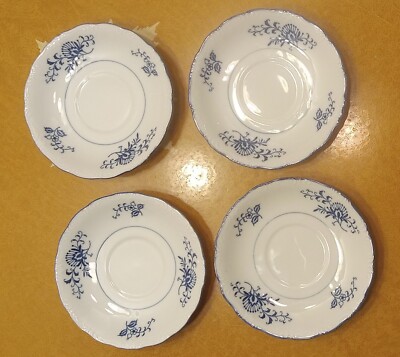 Vintage Blue Dresden Saucers, Lot of 4, Sphinx Import Co. 1957, Blue White China-image