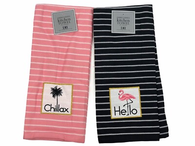 Design Imports Pink Black Striped Flamingo Palm Tree Dishtowel Kitchen Set 2-image