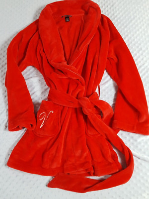 Victorias Secret Womens Fleece Short Robe Red Cozy Plush Lounge Med Lg Logo-image