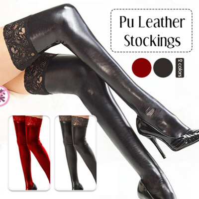 Women Sexy Wet Look Lace Faux Leather Over Knee Thigh High Stockings Socks Black-image