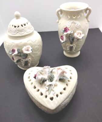 3 Vtg Jay Import precious  Keepsake Trinket Boxes with roses 1 is a vase, read!-image