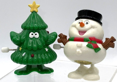 Vintage 1980s Era Christmas Tree & Snowman Wind-Up Hopping Holiday Toys -image