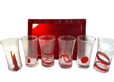 Pier 1 Imports Clear Red Geometric Shot Glasses Assorted Set Of 6 & Red Tray-image