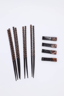 Pier 1 Imports 4 Pairs of Chopsticks with Rests Dark Brown Woven wood design-image