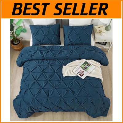 Handmade Navy Blue Pinch Pleat Comforter Set - 3 Pieces, Cozy All-Season Bedding-image