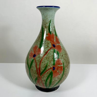 Pier 1 Imports Ceramic Teardrop Vase Hand-Painted Poppies Floral Motif 90s VTG-image