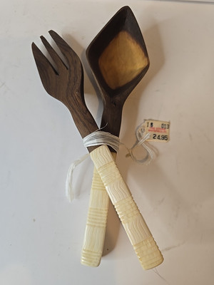 Hand Carved Kenyan Olive Wood Stripe Design Handles Salad Set Swahili Import New-image