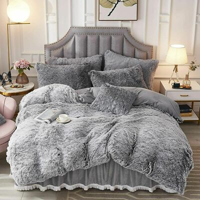 NEW! ~ SOFT COZY & FLUFFY PLUSH GREY FAUX LONG SHAGGY FUR BLANKET COMFORTER SET-image