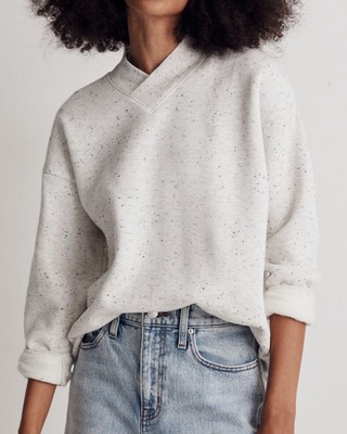 MADEWELL $88 Betterterry Heather V-Neck Sweatshirt Speckled Sz L Boxy Fit Cozy-image