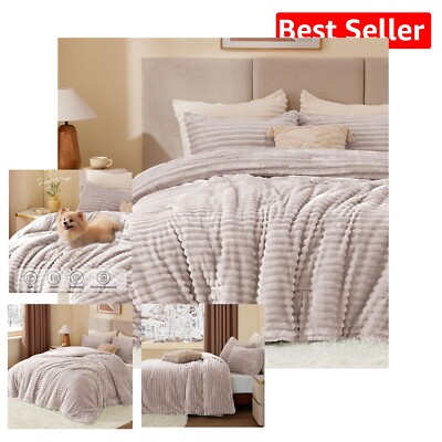 Cozy and Chic King Comforter Set - Striped Fleece Lotus Pink Bedding Ensemble-image