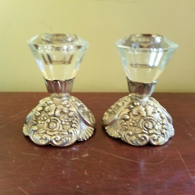 Candle Holders Silverplate Lot of 2 Holiday Imports Stick Metal and Glass 4.5''-image