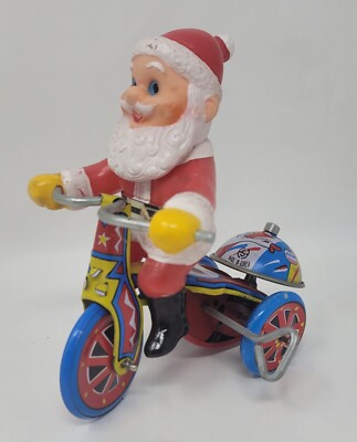 VTG Christmas Santa Claus On Tricycle Wind Up Tin Metal Toy Bike Korea-image