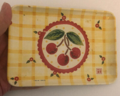 Vtg MARY ENGELBREIT Italy Yellow Red Plaid CHERRIES Serving Trinket TRAY 6