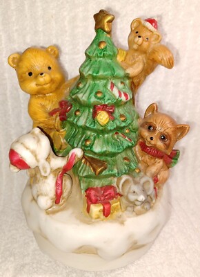 Vintage Music Box Christmas Forest Tree Animals Santa Decorate Porcelain Wind up-image