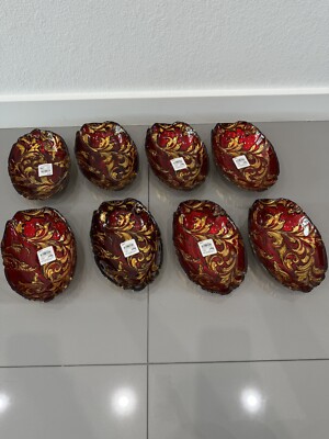 8 PIER 1 IMPORTS SOUP SALAD CEREAL BOWLS  RARE CHRISTMAS RED AND GOLD DESIGN-image