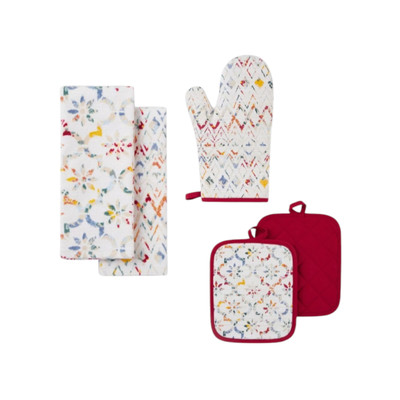 Mainstays Ogee Tile Kitchen Towel Pot Holder Oven Mitt Red 5 Pieces-image