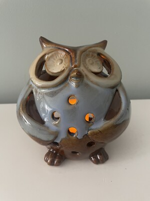 Pier1 Imports Ceramic Pottery Owl Votive/ Tea Light Holder Blue and Brown-image
