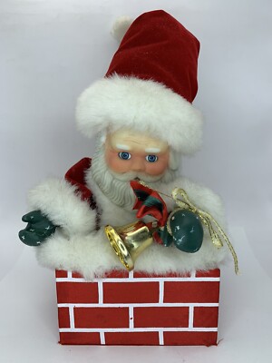Vintage Christmas Animated Music Box Santa in Chimney Wind Up 