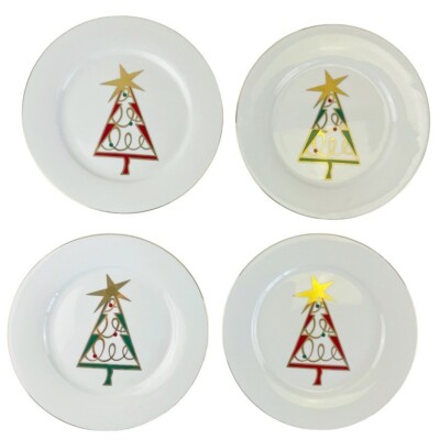 Pier 1 Imports Appetizer Dessert Plates Christmas Tree Set 4 Red Green Gold 7.5