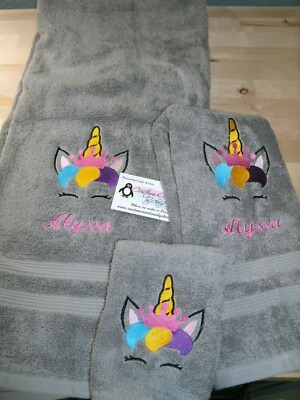 Unicorn Face Crown Personalized 3 Piece Bath Towel Set  Any Color -image