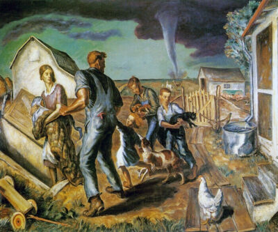 TORNADO OVER KANSAS FARM CHILDREN DOG CAT 1929 PAINTING BY JOHN S CURRY REPRO-image