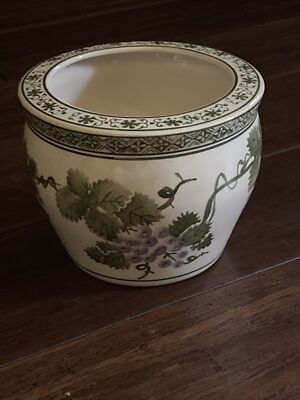 Vintage Porcelain Flower Pot Fishbowl Purple Grapes Green Grape Vine Leaves-image