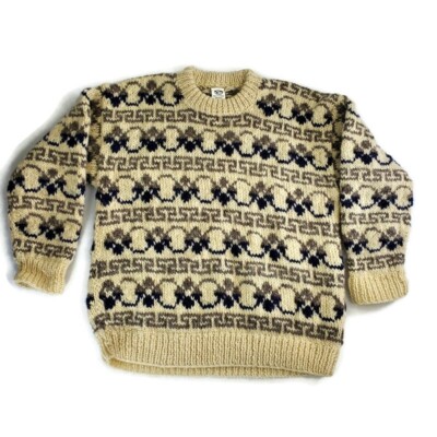 Pole to PoIe Imports Sweater Wool Chunky Knit Nepal Crew Neck Blue Tan 42