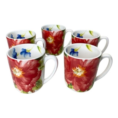 Pier 1 Imports Amelia Floral Coffee Tea Mugs Cups Set of 5 Ironstone Poppies-image