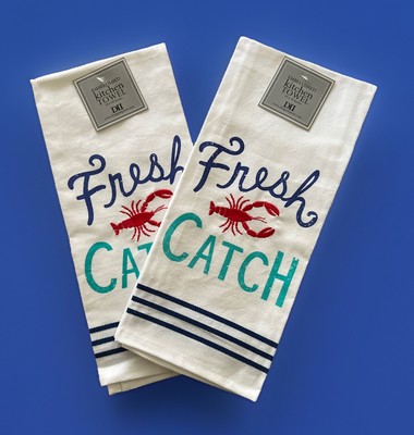 Two Fresh Catch Red Lobster Kitchen Towel Design Imports 100% Cotton Coastal NWT-image