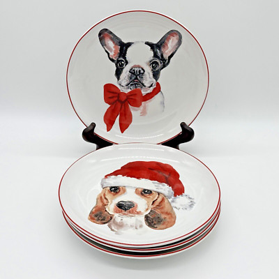 Set of 4 Pier 1 Imports Christmas Puppies Plates Porcelain 8
