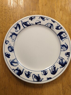 Pier 1 England White w Blue Teapot Design Trim Dinner Plate 10in cottage core-image