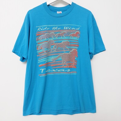 Vintage 90s Texas Ride The Wind Horses T Shirt Size Medium Made In USA Teal Tee-image