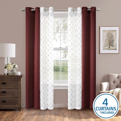 Mainstays Embroidered Curtain Panels, Set of 4, Burgundy, 27.5