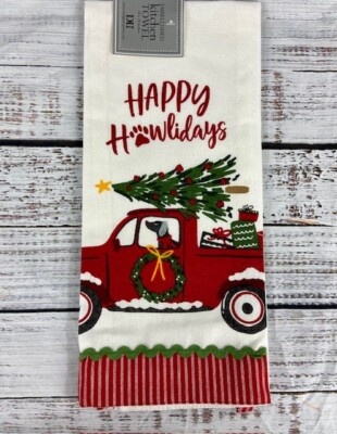 18 x 28 Happy Howlidays Christmas Towel by DII with Dog Driving Red Truck w/Tree-image