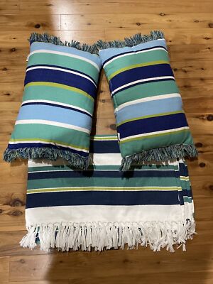 Lot Bundle Pier 1 Imports Beach Boho Blue Striped Blanket 2 Throw Pillows Fringe-image