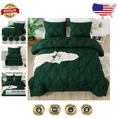 Handmade King Comforter Set - Dark Green Pinch Pleat Bedding for Cozy Elegance-image