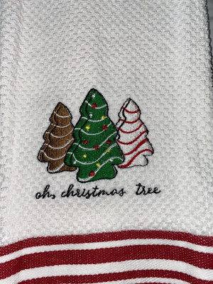 Embroidered Striped  Kitchen Hand Towel Oh Christmas Tree with Tree Cakes BS2935-image