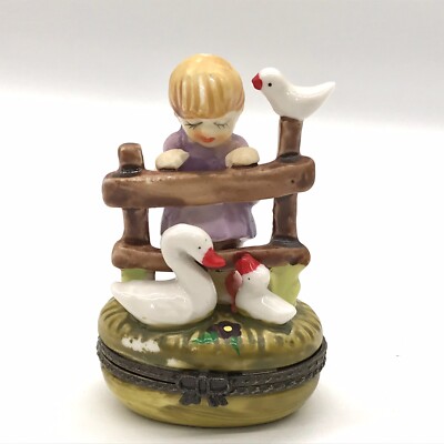 Vtg Dutch Novelties & Imports Trinket Box Girl at Fence Duck Goose Hand Painted-image